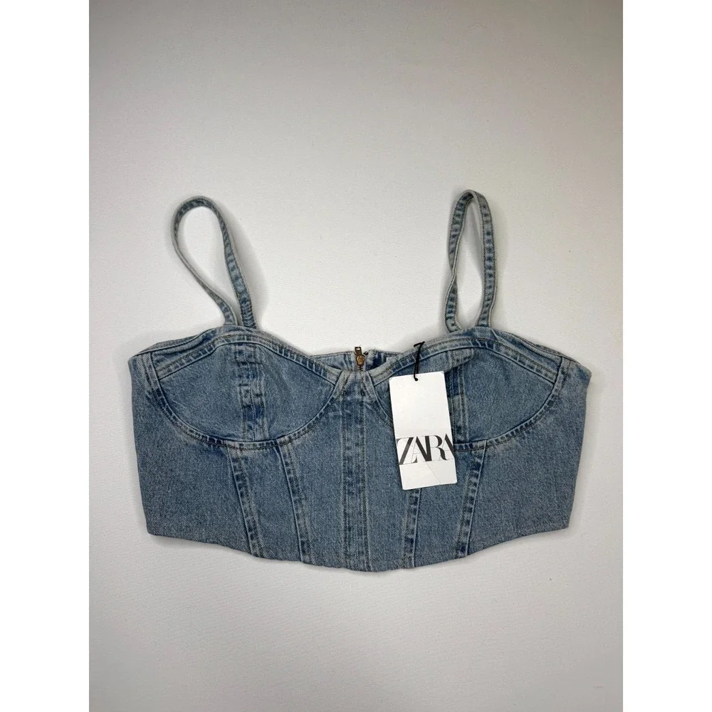 Zara Corset Cropped Top Womens Medium Blue Denim Cotton Back Zip Spaghetti Strap - Picture 1 of 6